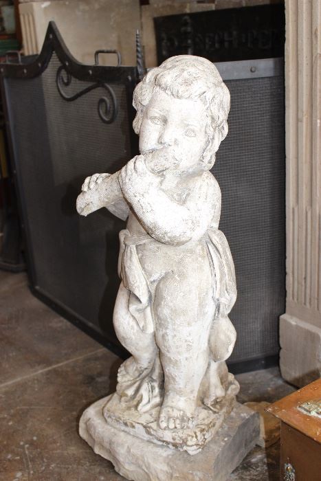 Imported Antique French "Belle Epoque" Cast Limestone Garden Statue of Cherub (aka Putto) Playing Flute; Imported by Owner from a Provence, France Estate; Circa 1880-1915 (approx.)