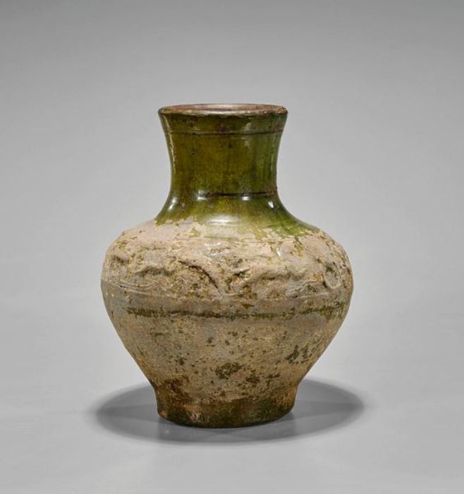 Ancient Chinese Han Dynasty Green-Glazed Ceramic Stoneware Hu Vase or Jar; Circa 200 BCE - 200 CE