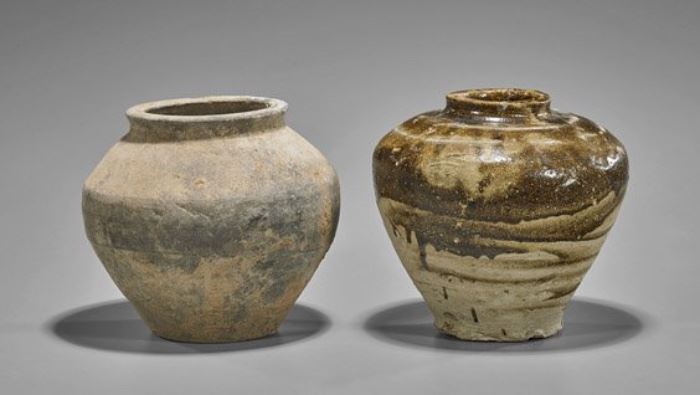 Ancient Chinese Pottery Jars- One Brown-Glazed w/ High Shoulder; One Unglazed of Ovoid Form; Circa Tang Dynasty (618 - 907 CE) or Earlier 