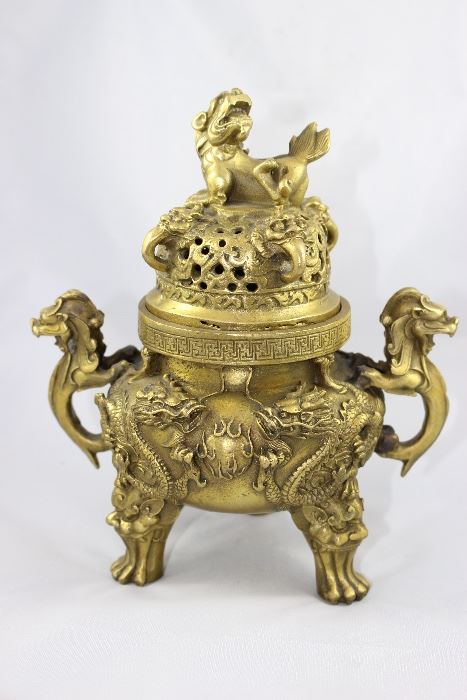 Vintage Chinese Bronze Censer with Relief Designs of Dragons and Fu Dog Lid.