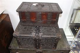 Pair of Antique 18th Century Hand-Carved Wooden Pine and Iron Bound Trunks/Lock Boxes, Made For and Belonging To British Nobility (Including the Lord Mayor of London, 19th Century) at the British Estate "Hooton Pagnell Hall," given to the Noble Owners via Royal Mandate.  Acquired via auction hosted by Bonhams at the Estate.