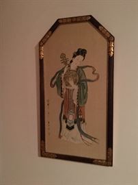 Silk screen painted Japanese Geisha girl signed.