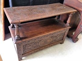 Heavily Carved Oak Monk's Bench