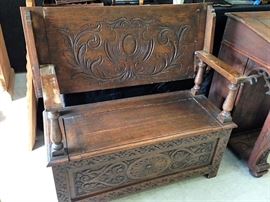 Heavily Carved Oak Monk's Bench Open