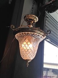 Pair of Vintage Brass and Glass Drop Chandeliers