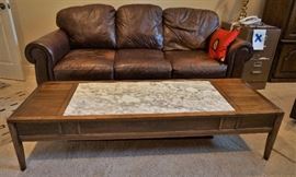 Leather sofa and Drexel Oak and marble coffee table