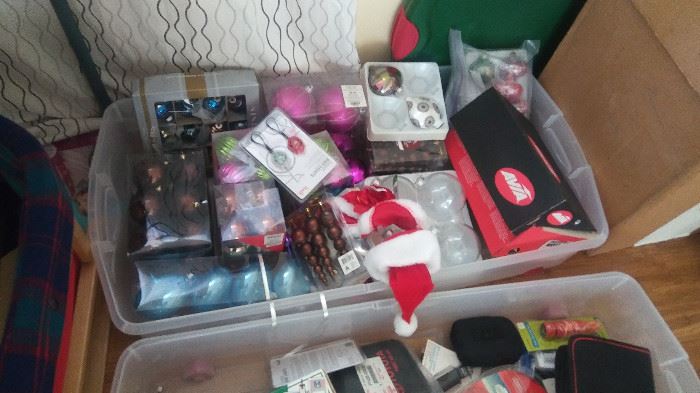Christmas ornaments, electronics, laminating machine, walkman, CDs, 80s mix tapes