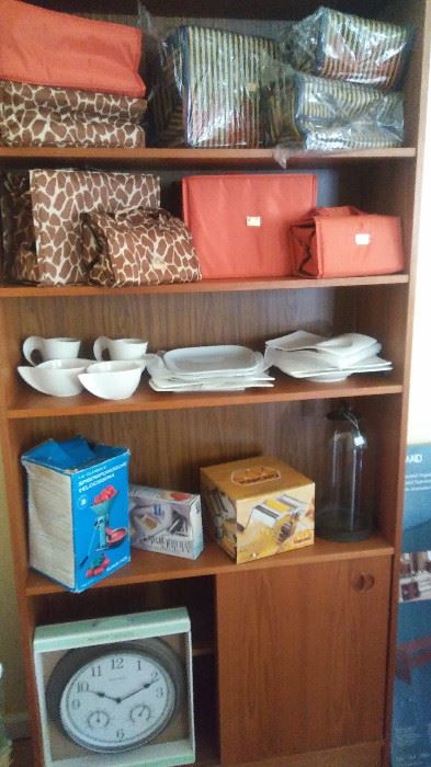 zip cases from QVC, italian puree machine & pasta machine, garden clock, Teak shelf also for sale, glass bell jar, Villeroy & Boch placesettings (SOLD), Crate & Barrel plates (SOLD)