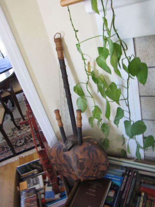 African musical instruments surrounded by books relevant to today's interests - environmental and etc.
