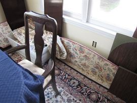 cornice, matching drapes, dining table with two extensions and padded cover shaped to fit, barely used.
