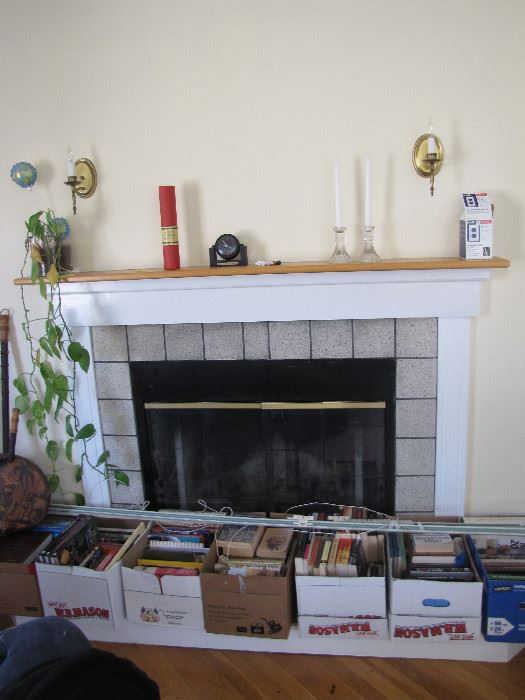 Beautiful fireplace, glass candlesticks, even the plant and books so you can pull up a chair and enjoy the warmth.