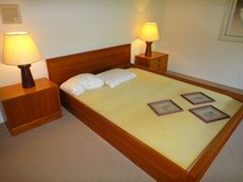 Teak Platform bed, Teak nightstands, Teak Lighting 