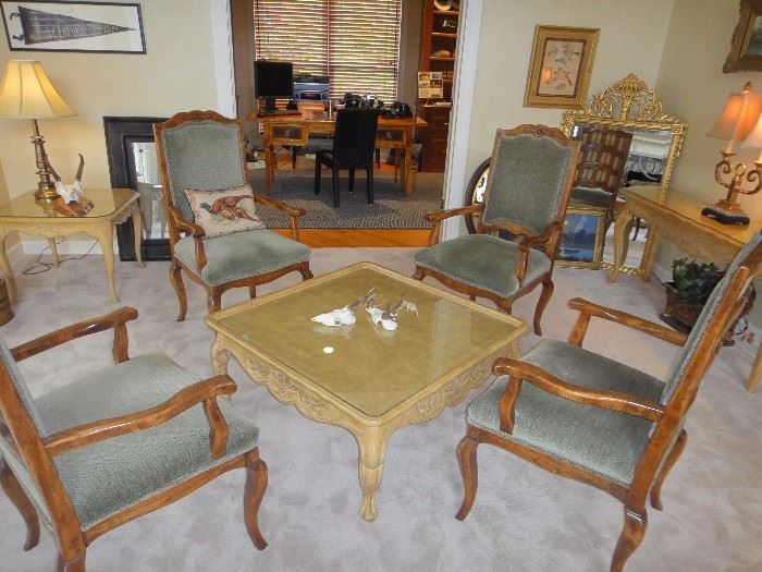 Coffee table, 4 matching arm chairs 