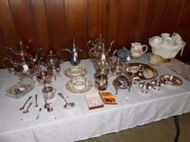 fine silverplate, milk glass punch bowl, more