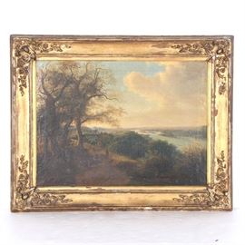 Oil Landscape on Canvas: An oil painting on canvas by an unknown artist. The untitled landscape piece depicts a twilight scene, showing a man and his dogs walking along a country path near a grove of tall trees. A woman can be seen sitting alongside the path, as a man next to her sleeps. In the background, a river surrounded by lush greenery extends to the horizon, as white clouds roll in. The unsigned piece is presented without glass in a wooden frame with gold tone gesso embellishments. The frame includes a hanging wire to the verso.