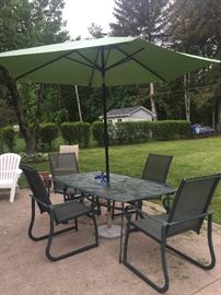 Patio set sold with 4 chairs, umbrella and base