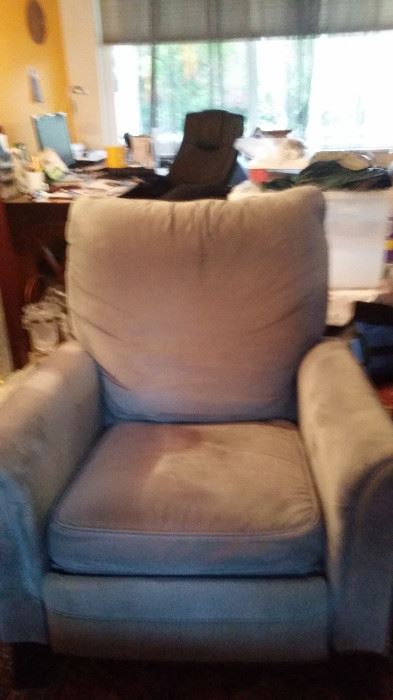 LazyBoy recliner in baby blue velvet. Works great and super comfortable.