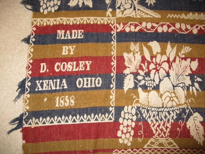 Rug hand woven by D. Cosley 1858