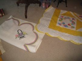 Scalloped edged and piecework quilt, plus Basket quilt