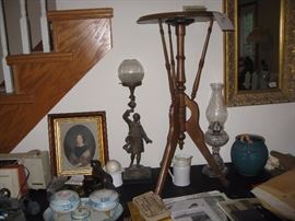 Lady lamp, Victorian side table, hurricane lamp