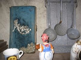 Victorian photo album - musical box inside, granite utensils