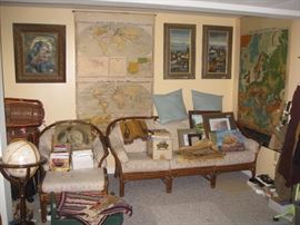 Rattan furn, pictures, 2 long school maps