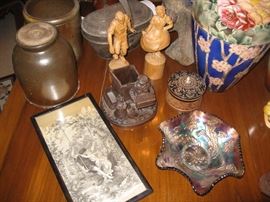 Vintage picture, wood carved man woman, carnival glass