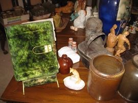 Large Victorian photo album with stand, crocks, soapstone dog