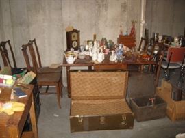 Metal trunk, drop leaf table, 6 chairs etc