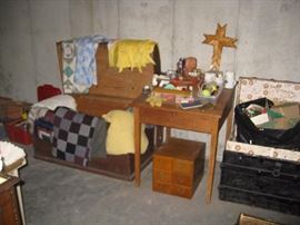 Slant front desk and trunks