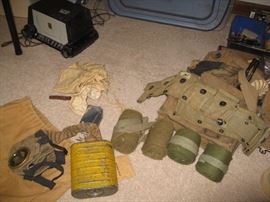 Army mask/tin, wool wraps, gun belt