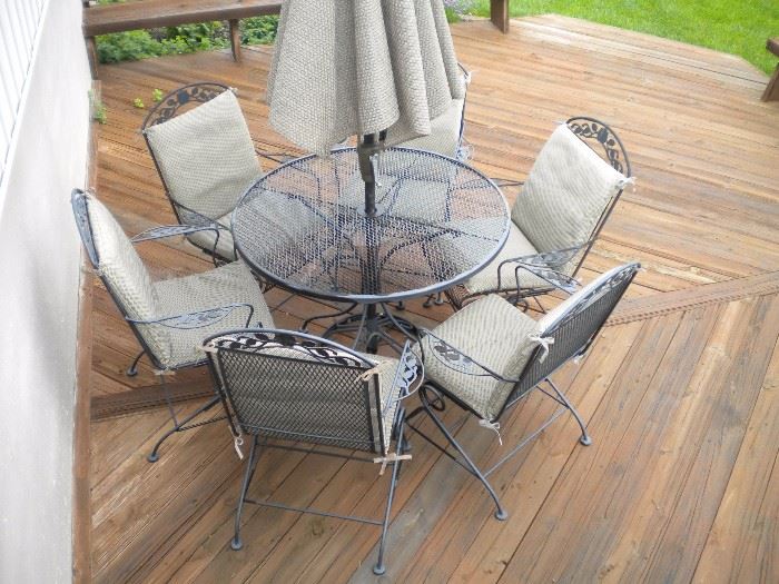 Wrought Iron Patio set with 6chairs, umbrella and base