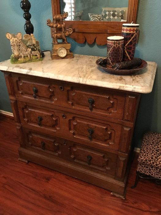  Really fine antique chest with marble top. Antique mirror, knickknacks not available 