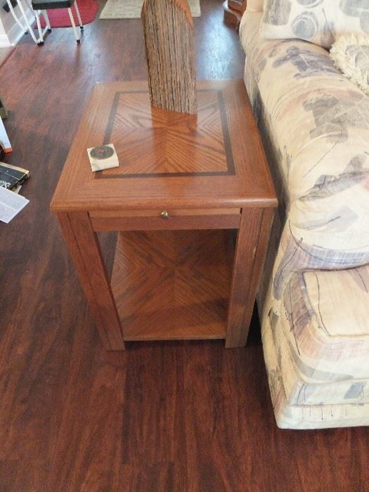 wood side table with rear magazine rack and pull out shelf