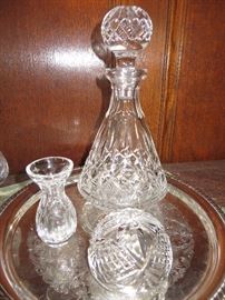 WATERFORD LISMORE ROLY POLY DECANTER, WATERFORD PAPERWEIGHT AND BUD VASE
