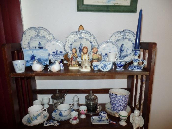 Beautiful blue & white misc dishes, 3 Hummels, salt & pepper birds, tea cup collection and egg cup collection