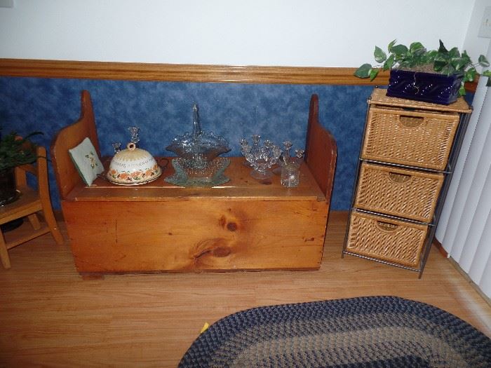 Wicker stand w/3 drawers and matching tall 3 drawer stand - vintage chest, 3 matching blue rugs 