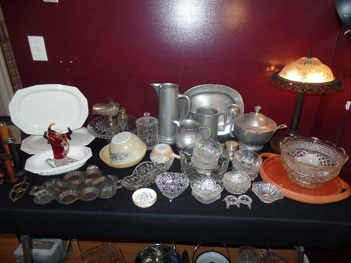 Pewter mugs, pitchers. plates, bowls, cups, cream & sugar, and other misc. Other items, glass salad bowl w/matching side bowls, misc small cut glass bowls, white platters