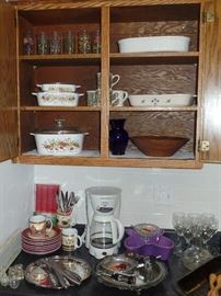 Corningware, coffee pot, glasses, bar items, "Never Sharp" stainless steel knife set 