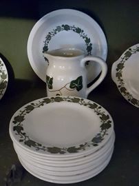 Set of green ivy on white dishes
