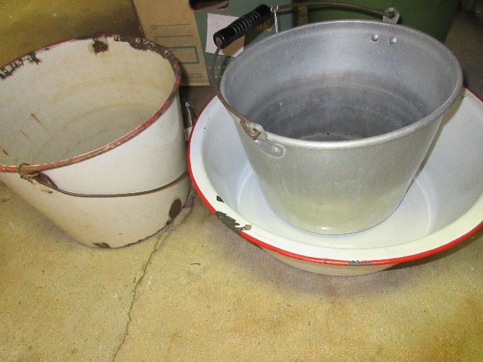 old enamel buckets and dish pan