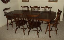 TEMPLE STUART ROCKINGHAM: High quality mid-century solid maple DINING ROOM SET, including table with three leaves, china cabinet, seven windsor chairs, table pad and linens.  $1250.