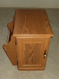 $20                                                                                     
Side Table with Magazine Rack: 18" W x 21.5" D x 20" H (not solid oak)