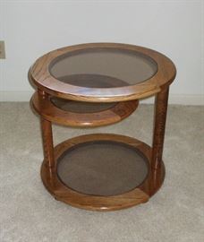 $85                                                                                 Round Oak & Glass Coffee Table: 23"Diameter x 21.5" H