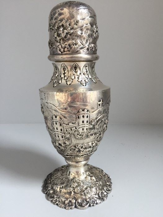 This is the most Beautiful Caster Ever !  All 3 Sides have different designs ,    Large Antique Sterling Silver Repousse Sugar Caster Circa 1890's  Signed by Shreve & Co.  San Francisco 