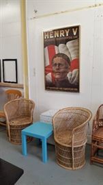 pair of woven chairs $ 80,  white wicker laundry hamper  $ 8,  turquoise table  $ 6,   Henry V print inche