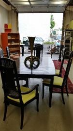 painted black dining room table w 4 side chairs and 2 end chairs (lime green seats)  $ 300