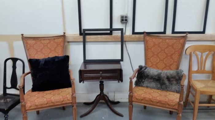 2 chairs  $ 50 each, mahogany end table w drop leaves  $ 75, blonde chair w rush seat $ 35,  4 black picture frames $ 12,  small black low chair w woven seat (hole in it)  $ 20