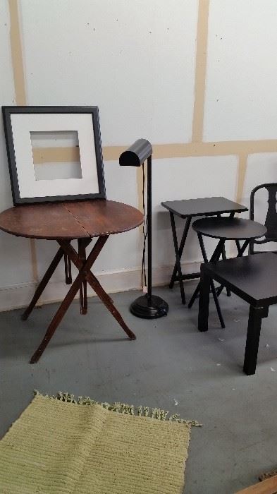 old round drop leaf table  $ 70, floor lamp $ 40, picture frame w mat  $ 5