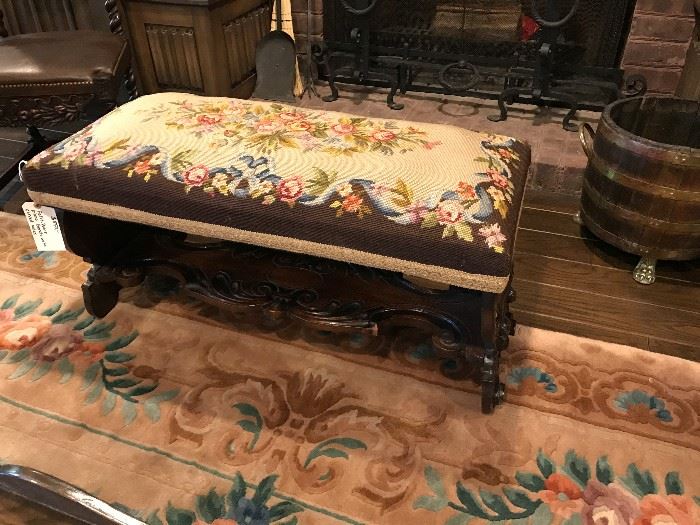 Carved Oak Piano Bench with Petit-point Upholstery